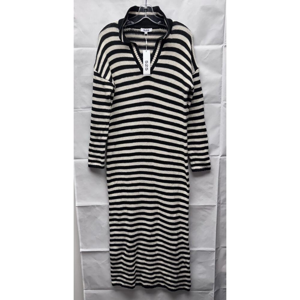 525 Raya Knit Polo Sweater Dress Women Sz XS Stripe Black White Long New